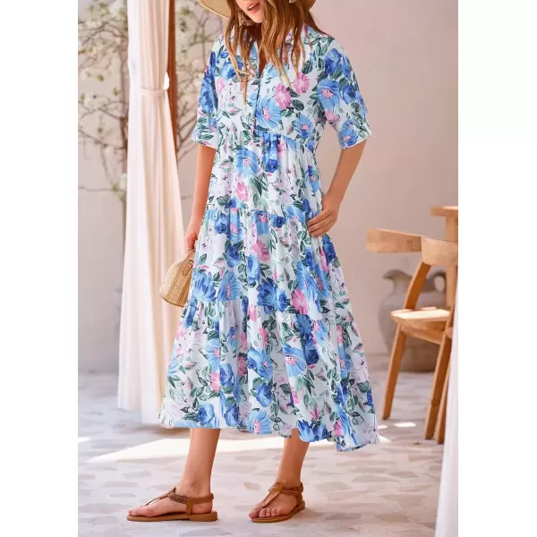 imagePRETTYGARDEN Summer Dress for Women Short Sleeve Button Up Ruffle A Line Flowy Maxi DressesFloral White Blue