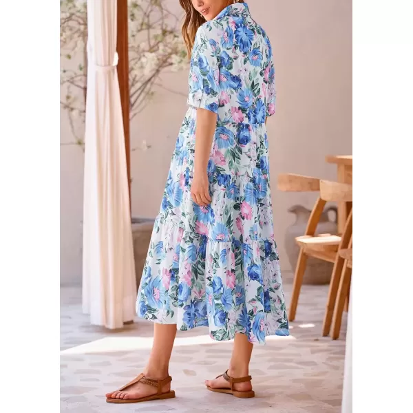 imagePRETTYGARDEN Summer Dress for Women Short Sleeve Button Up Ruffle A Line Flowy Maxi DressesFloral White Blue