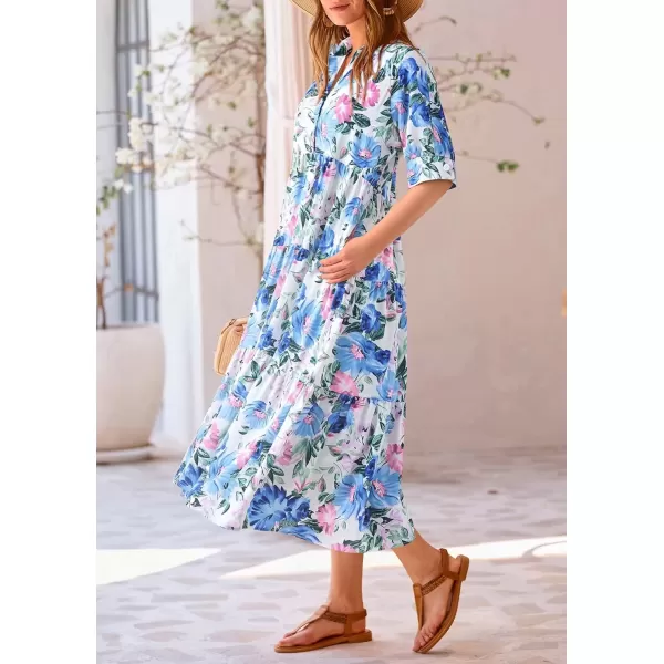 imagePRETTYGARDEN Summer Dress for Women Short Sleeve Button Up Ruffle A Line Flowy Maxi DressesFloral White Blue