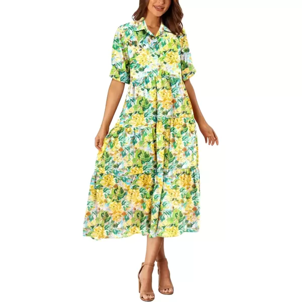 imagePRETTYGARDEN Summer Dress for Women Short Sleeve Button Up Ruffle A Line Flowy Maxi DressesFloral White Yellow
