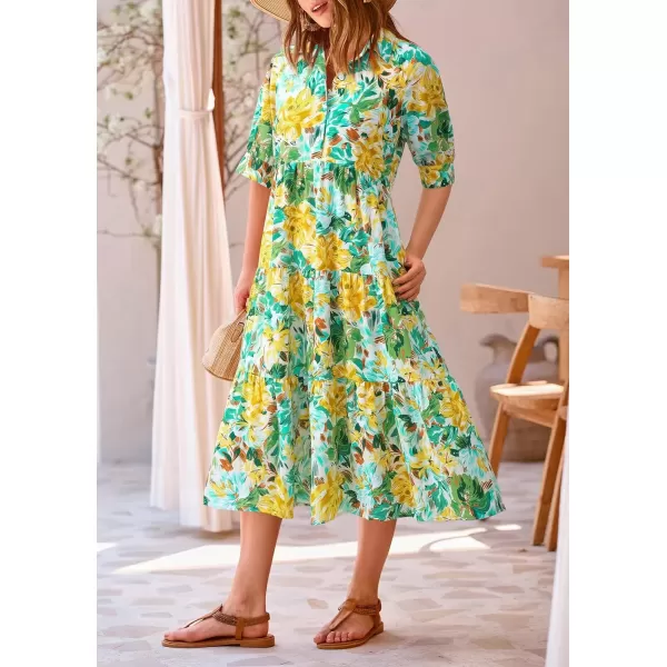 imagePRETTYGARDEN Summer Dress for Women Short Sleeve Button Up Ruffle A Line Flowy Maxi DressesFloral White Yellow
