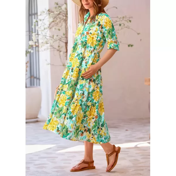 imagePRETTYGARDEN Summer Dress for Women Short Sleeve Button Up Ruffle A Line Flowy Maxi DressesFloral White Yellow