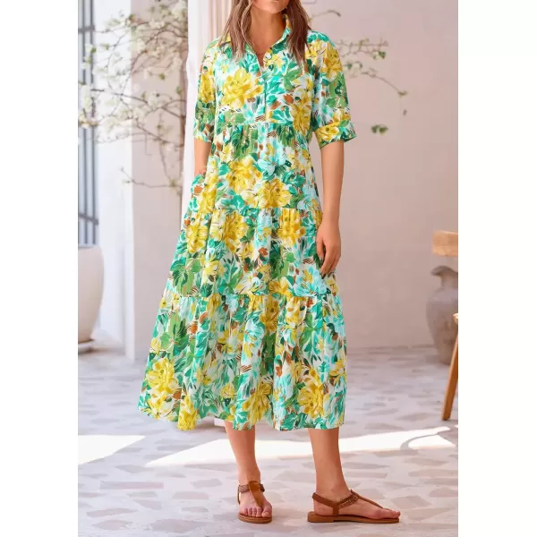 imagePRETTYGARDEN Summer Dress for Women Short Sleeve Button Up Ruffle A Line Flowy Maxi DressesFloral White Yellow
