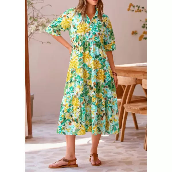 imagePRETTYGARDEN Summer Dress for Women Short Sleeve Button Up Ruffle A Line Flowy Maxi DressesFloral White Yellow
