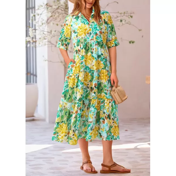 imagePRETTYGARDEN Summer Dress for Women Short Sleeve Button Up Ruffle A Line Flowy Maxi DressesFloral White Yellow