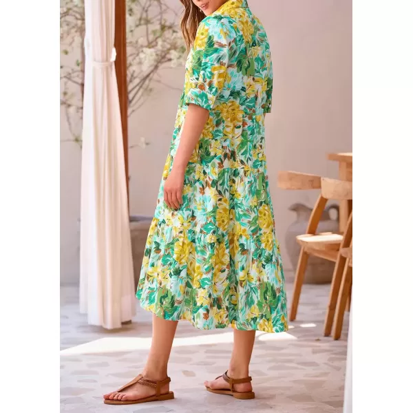 imagePRETTYGARDEN Summer Dress for Women Short Sleeve Button Up Ruffle A Line Flowy Maxi DressesFloral White Yellow