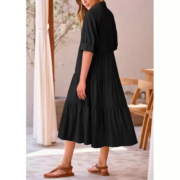 imagePRETTYGARDEN Summer Dress for Women Short Sleeve Button Up Ruffle A Line Flowy Maxi DressesSolid Black
