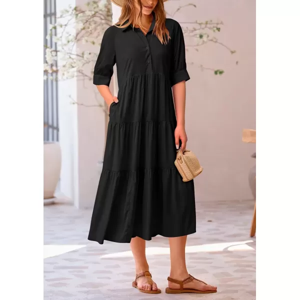 imagePRETTYGARDEN Summer Dress for Women Short Sleeve Button Up Ruffle A Line Flowy Maxi DressesSolid Black