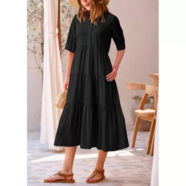 imagePRETTYGARDEN Summer Dress for Women Short Sleeve Button Up Ruffle A Line Flowy Maxi DressesSolid Black