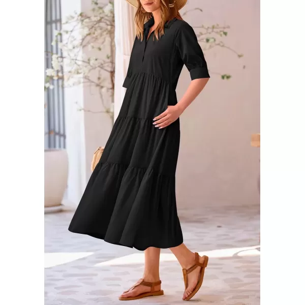 imagePRETTYGARDEN Summer Dress for Women Short Sleeve Button Up Ruffle A Line Flowy Maxi DressesSolid Black