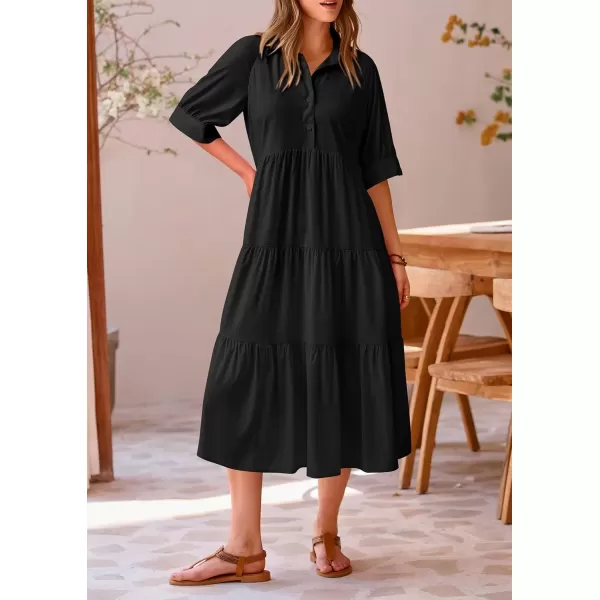 imagePRETTYGARDEN Summer Dress for Women Short Sleeve Button Up Ruffle A Line Flowy Maxi DressesSolid Black