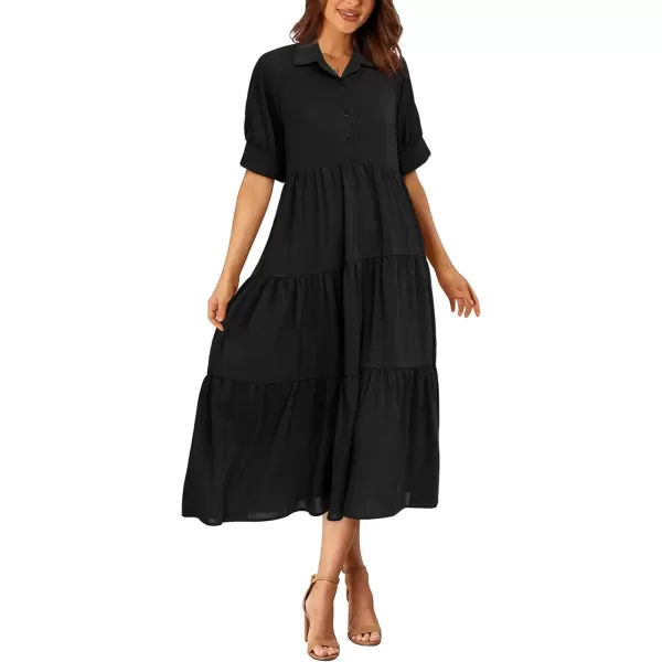 imagePRETTYGARDEN Summer Dress for Women Short Sleeve Button Up Ruffle A Line Flowy Maxi DressesSolid Black