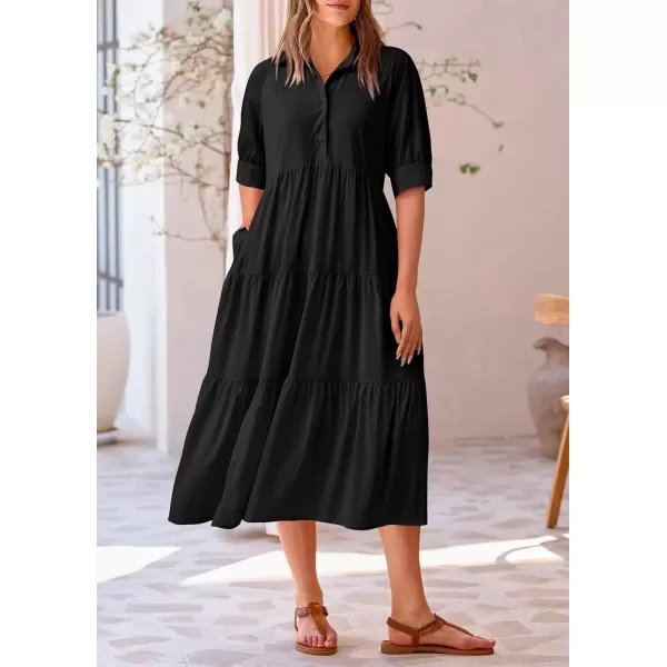imagePRETTYGARDEN Summer Dress for Women Short Sleeve Button Up Ruffle A Line Flowy Maxi DressesSolid Black