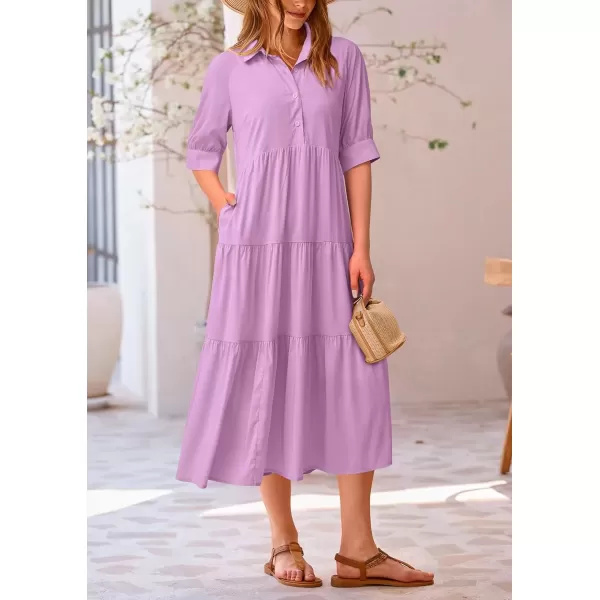 imagePRETTYGARDEN Summer Dress for Women Short Sleeve Button Up Ruffle A Line Flowy Maxi DressesSolid Purple