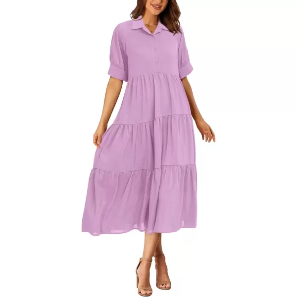 imagePRETTYGARDEN Summer Dress for Women Short Sleeve Button Up Ruffle A Line Flowy Maxi DressesSolid Purple