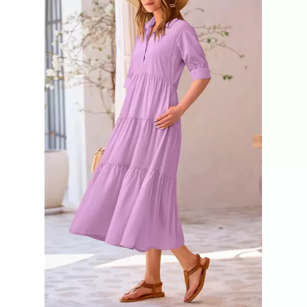 imagePRETTYGARDEN Summer Dress for Women Short Sleeve Button Up Ruffle A Line Flowy Maxi DressesSolid Purple