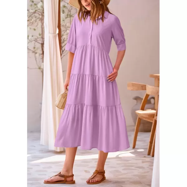 imagePRETTYGARDEN Summer Dress for Women Short Sleeve Button Up Ruffle A Line Flowy Maxi DressesSolid Purple