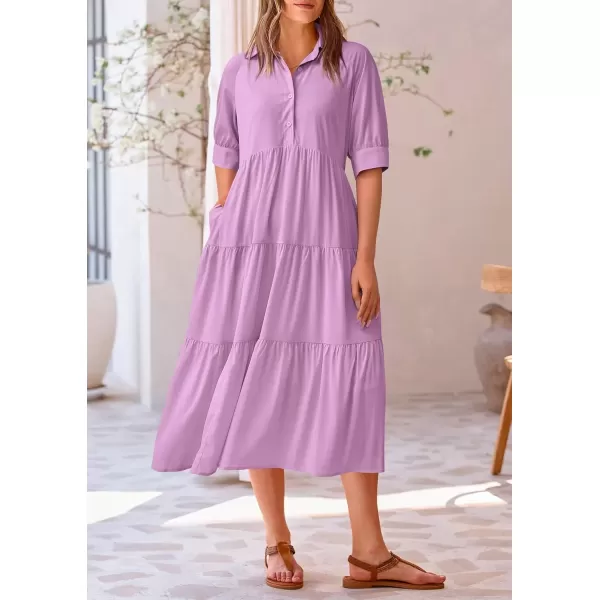 imagePRETTYGARDEN Summer Dress for Women Short Sleeve Button Up Ruffle A Line Flowy Maxi DressesSolid Purple