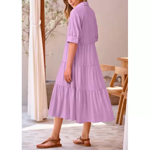 imagePRETTYGARDEN Summer Dress for Women Short Sleeve Button Up Ruffle A Line Flowy Maxi DressesSolid Purple