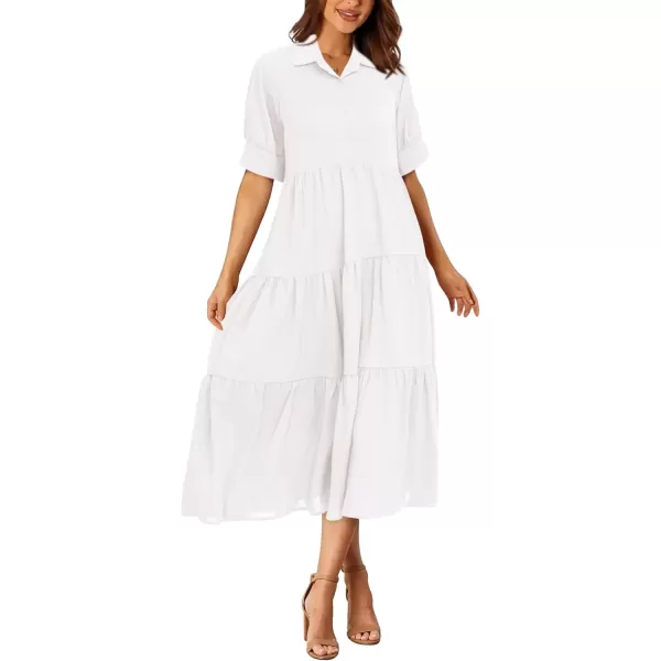 imagePRETTYGARDEN Summer Dress for Women Short Sleeve Button Up Ruffle A Line Flowy Maxi DressesSolid White