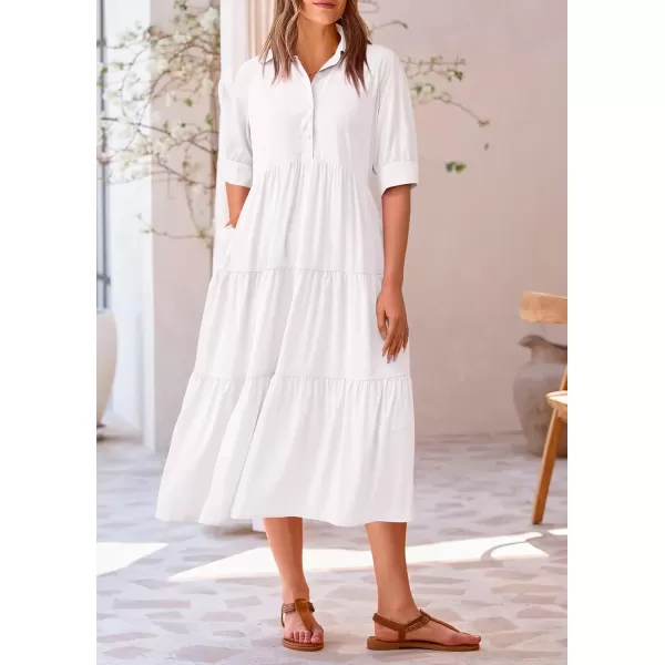 imagePRETTYGARDEN Summer Dress for Women Short Sleeve Button Up Ruffle A Line Flowy Maxi DressesSolid White