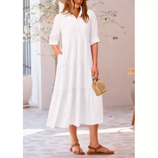 imagePRETTYGARDEN Summer Dress for Women Short Sleeve Button Up Ruffle A Line Flowy Maxi DressesSolid White