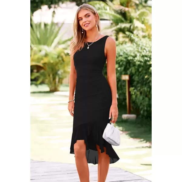 imagePRETTYGARDEN Women Midi Bodycon Dress Summer Sleeveless Irregular Ruffle Hem Cocktail Party Tank DressesBlack