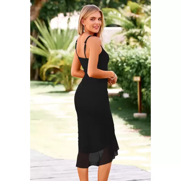 imagePRETTYGARDEN Women Midi Bodycon Dress Summer Sleeveless Irregular Ruffle Hem Cocktail Party Tank DressesBlack