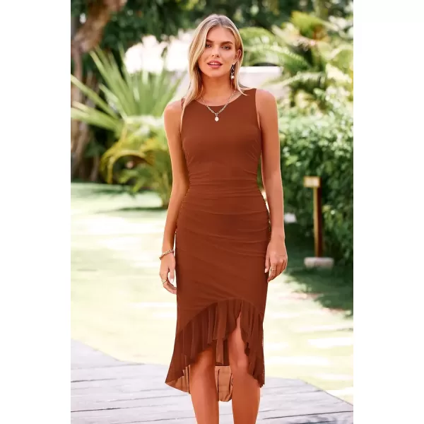 imagePRETTYGARDEN Women Midi Bodycon Dress Summer Sleeveless Irregular Ruffle Hem Cocktail Party Tank DressesCaramel