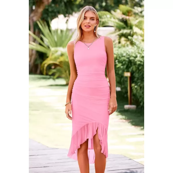 imagePRETTYGARDEN Women Midi Bodycon Dress Summer Sleeveless Irregular Ruffle Hem Cocktail Party Tank DressesLight Pink