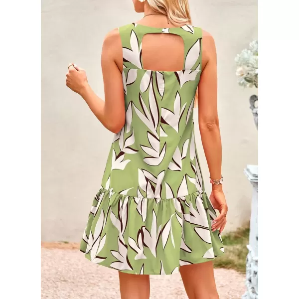 imagePRETTYGARDEN Womens 2024 Summer Floral Mini Dress Sleeveless Cut Out Backless Ruffle Boho Beach Vacation Short SundressesFloral Grass Green Beige