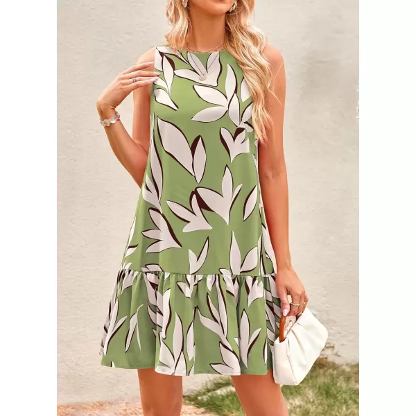imagePRETTYGARDEN Womens 2024 Summer Floral Mini Dress Sleeveless Cut Out Backless Ruffle Boho Beach Vacation Short SundressesFloral Grass Green Beige