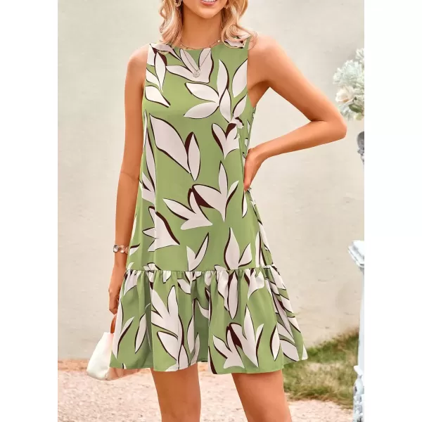 imagePRETTYGARDEN Womens 2024 Summer Floral Mini Dress Sleeveless Cut Out Backless Ruffle Boho Beach Vacation Short SundressesFloral Grass Green Beige