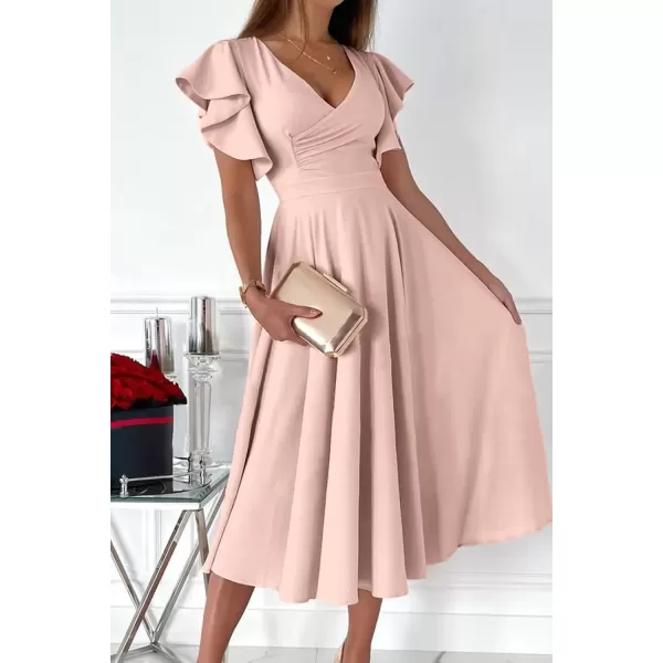 imagePRETTYGARDEN Womens 2024 Summer Midi Dress Ruffle Cap Sleeve V Neck Swing A Line Cocktail Party DressesApricot