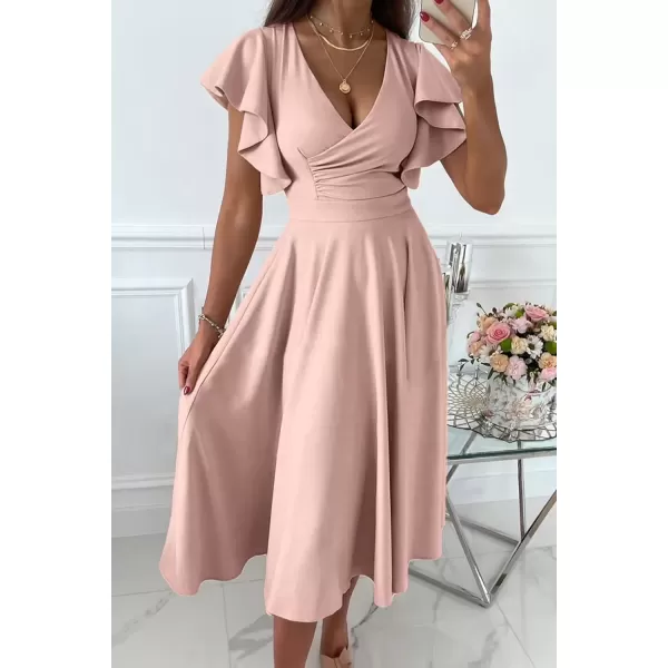 imagePRETTYGARDEN Womens 2024 Summer Midi Dress Ruffle Cap Sleeve V Neck Swing A Line Cocktail Party DressesApricot
