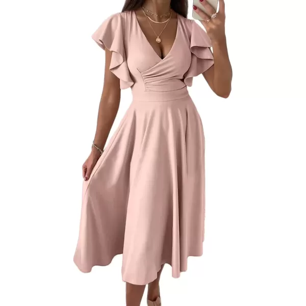 imagePRETTYGARDEN Womens 2024 Summer Midi Dress Ruffle Cap Sleeve V Neck Swing A Line Cocktail Party DressesApricot