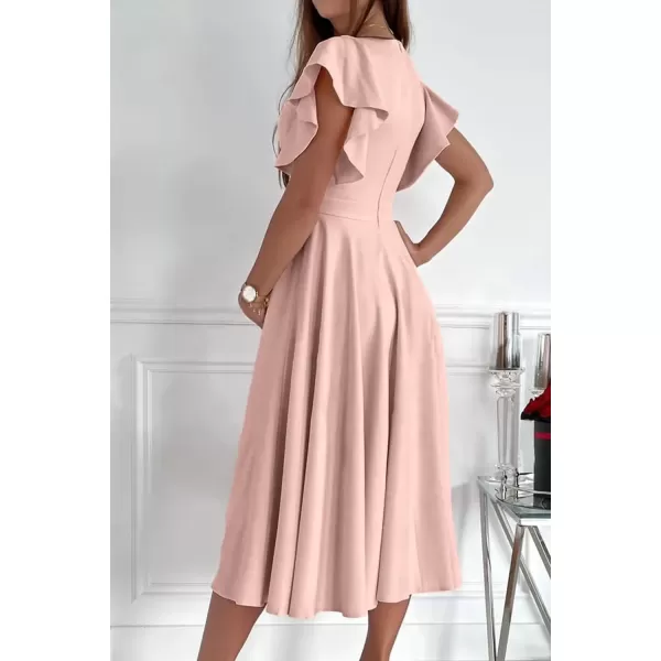 imagePRETTYGARDEN Womens 2024 Summer Midi Dress Ruffle Cap Sleeve V Neck Swing A Line Cocktail Party DressesApricot