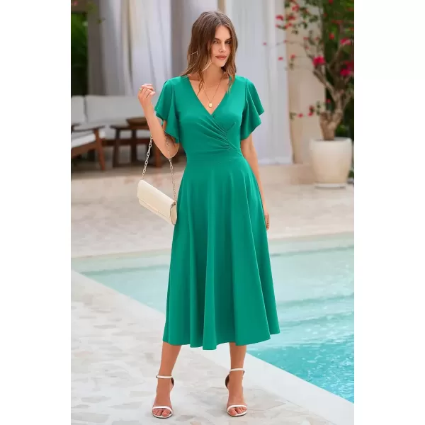 imagePRETTYGARDEN Womens 2024 Summer Midi Dress Ruffle Cap Sleeve V Neck Swing A Line Cocktail Party DressesBean Green