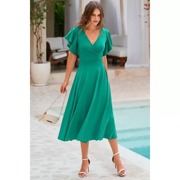 imagePRETTYGARDEN Womens 2024 Summer Midi Dress Ruffle Cap Sleeve V Neck Swing A Line Cocktail Party DressesBean Green
