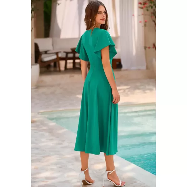 imagePRETTYGARDEN Womens 2024 Summer Midi Dress Ruffle Cap Sleeve V Neck Swing A Line Cocktail Party DressesBean Green