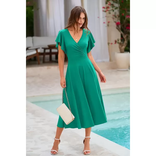 imagePRETTYGARDEN Womens 2024 Summer Midi Dress Ruffle Cap Sleeve V Neck Swing A Line Cocktail Party DressesBean Green