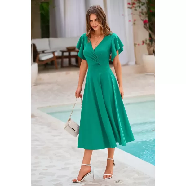 imagePRETTYGARDEN Womens 2024 Summer Midi Dress Ruffle Cap Sleeve V Neck Swing A Line Cocktail Party DressesBean Green