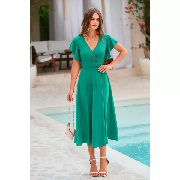 imagePRETTYGARDEN Womens 2024 Summer Midi Dress Ruffle Cap Sleeve V Neck Swing A Line Cocktail Party DressesBean Green