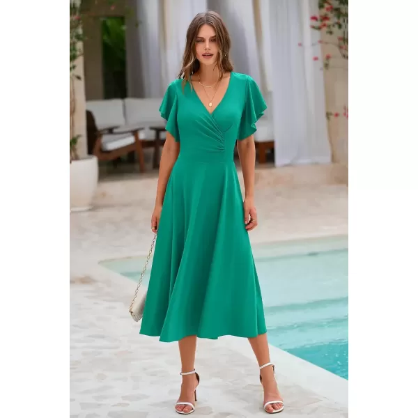 imagePRETTYGARDEN Womens 2024 Summer Midi Dress Ruffle Cap Sleeve V Neck Swing A Line Cocktail Party DressesBean Green