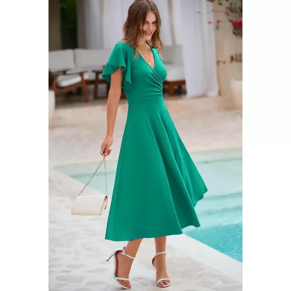 imagePRETTYGARDEN Womens 2024 Summer Midi Dress Ruffle Cap Sleeve V Neck Swing A Line Cocktail Party DressesBean Green