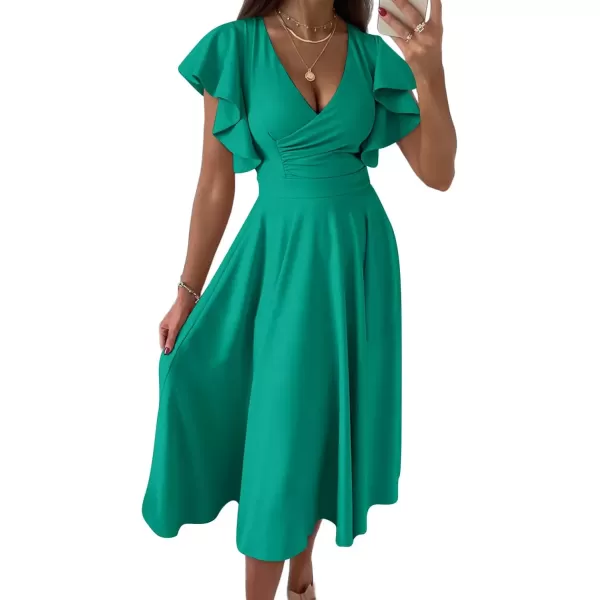 imagePRETTYGARDEN Womens 2024 Summer Midi Dress Ruffle Cap Sleeve V Neck Swing A Line Cocktail Party DressesBean Green