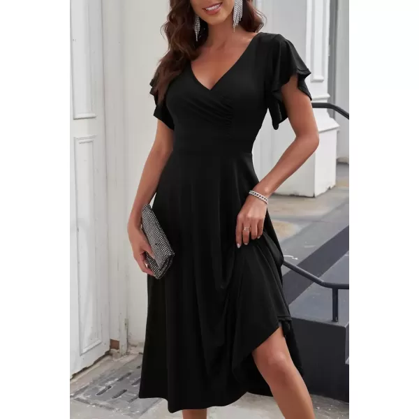 imagePRETTYGARDEN Womens 2024 Summer Midi Dress Ruffle Cap Sleeve V Neck Swing A Line Cocktail Party DressesBlack