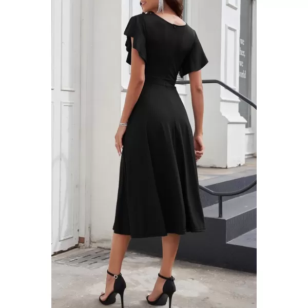 imagePRETTYGARDEN Womens 2024 Summer Midi Dress Ruffle Cap Sleeve V Neck Swing A Line Cocktail Party DressesBlack