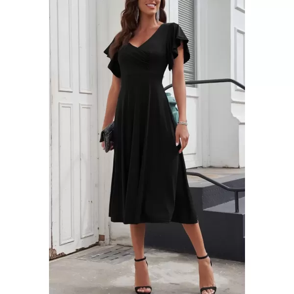 imagePRETTYGARDEN Womens 2024 Summer Midi Dress Ruffle Cap Sleeve V Neck Swing A Line Cocktail Party DressesBlack