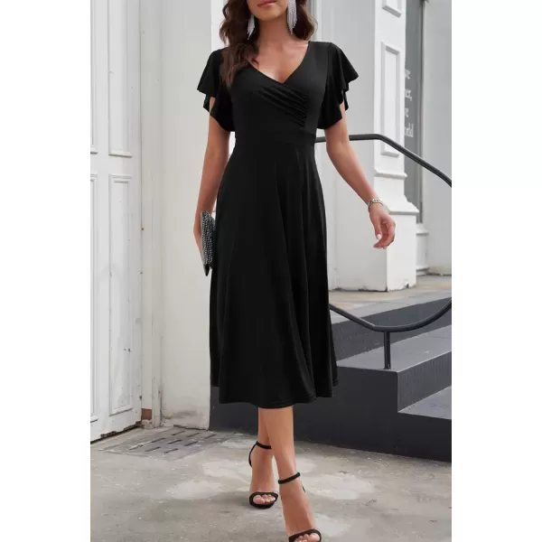 imagePRETTYGARDEN Womens 2024 Summer Midi Dress Ruffle Cap Sleeve V Neck Swing A Line Cocktail Party DressesBlack